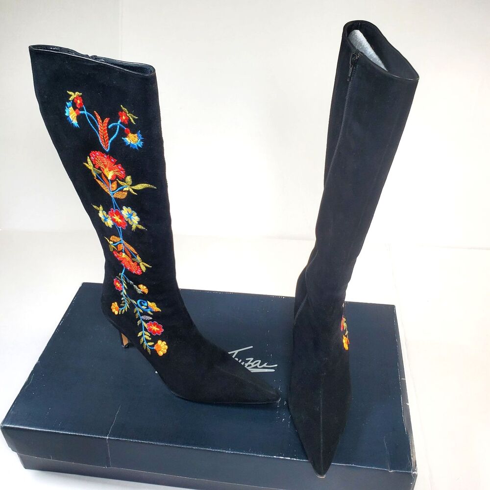 Ramon Tenza Women’s Black Suede Boots 7.5 Floral Embroidered "Tasha"